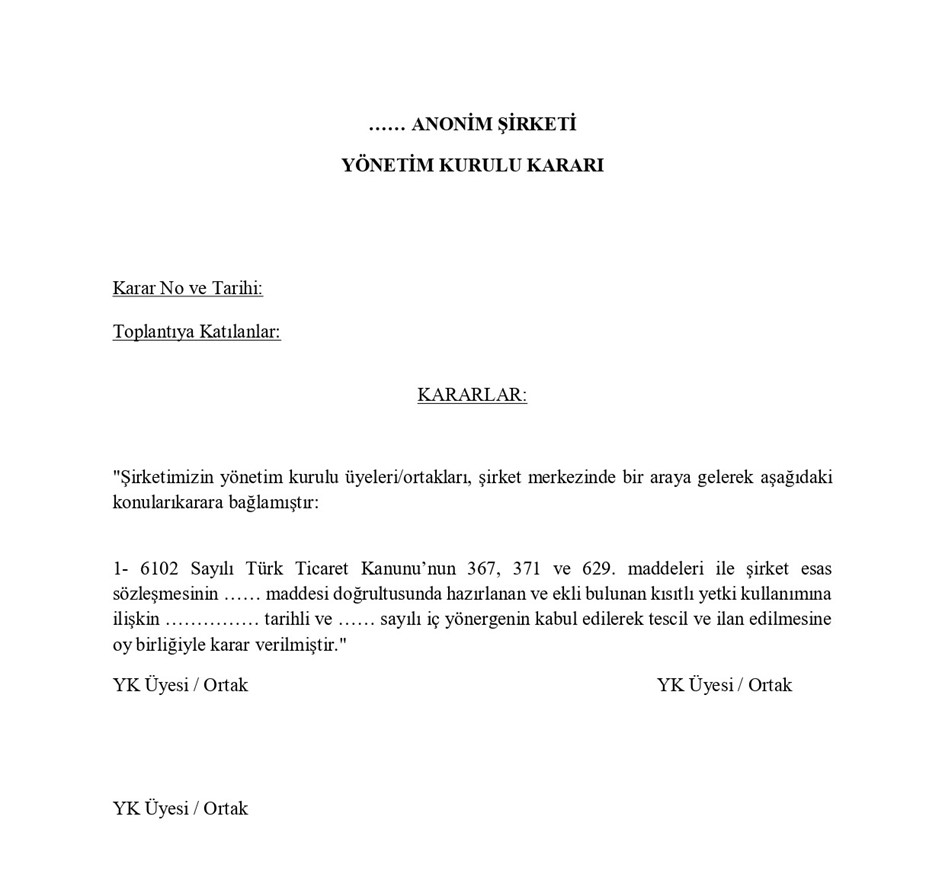 Anonim Şirket Yönetim Kurulu İç Yönerge Kararı Örneği