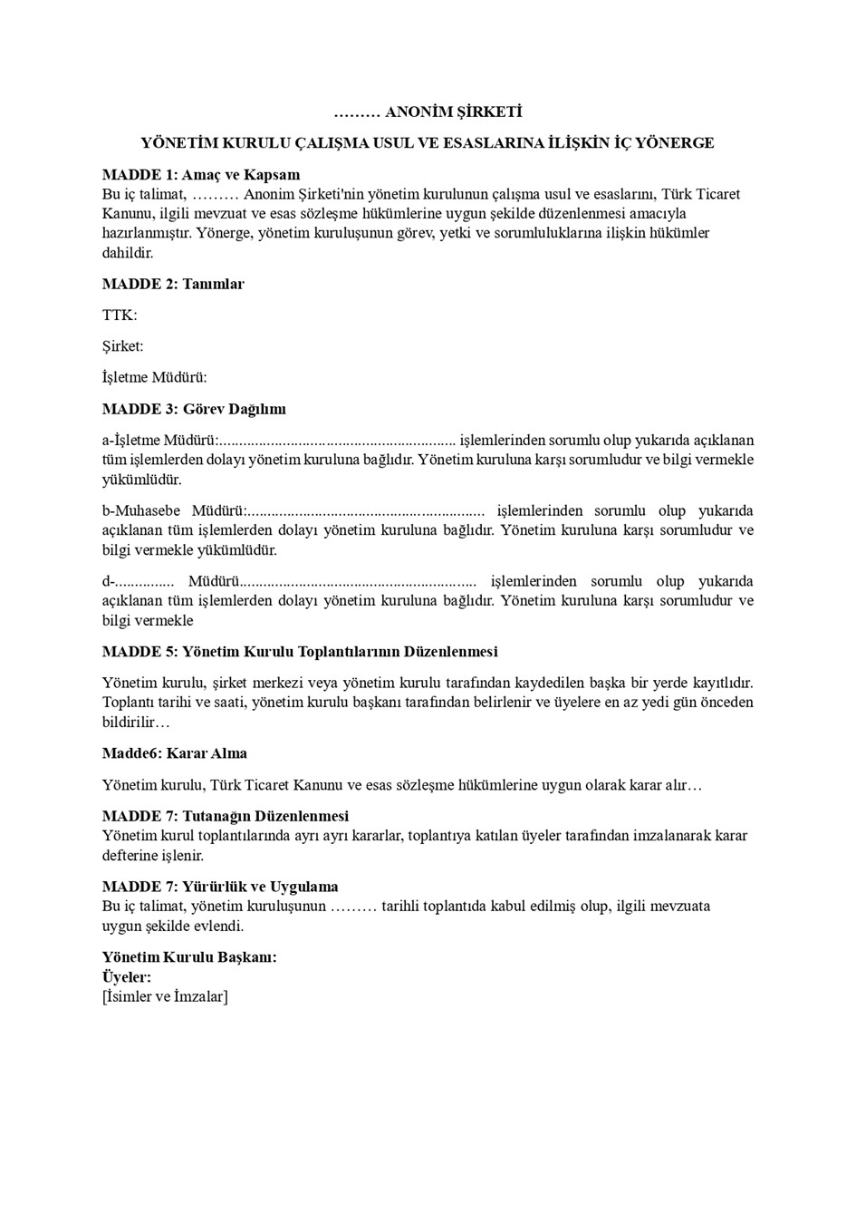 Anonim Şirket Yönetim Kurulu İç Yönerge Örneği